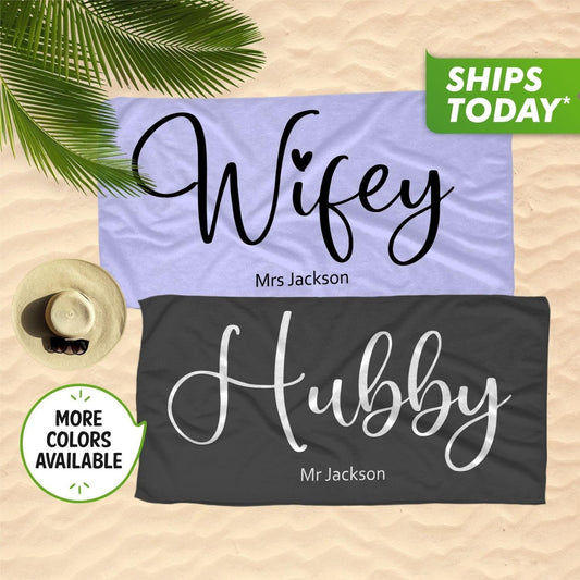 Custom Beach Towel, Personalized Beach Towel for Newlywed, Mr and Mrs Towels - Custamazegifts.com 