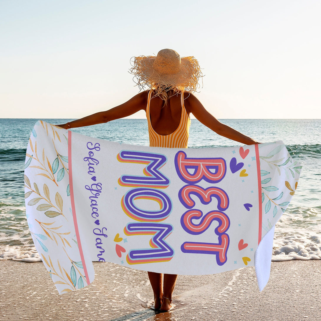 Best Mom Personalized Beach Towel with Kids Names, Custom Mother's Day Gifts T60 - Custamazegifts.com 