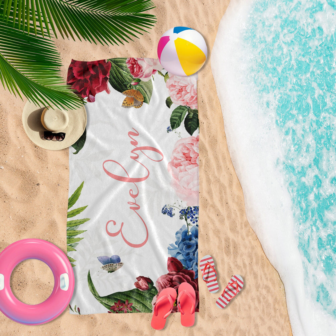 Floral Beach Towel Personalized with Name, Birthday Bachelorette Gifts for Her T66 - Custamazegifts.com 