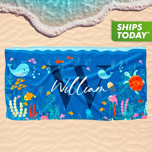 Kids Beach Towels, Personalized Pool Towel with Your Name Ocean Print - Custamazegifts.com 