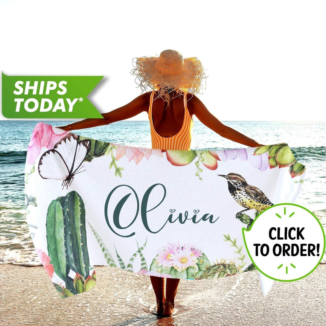 Floral Beach Towel Personalized with Name, Birthday Bachelorette Gifts for Her T66 - Custamazegifts.com 