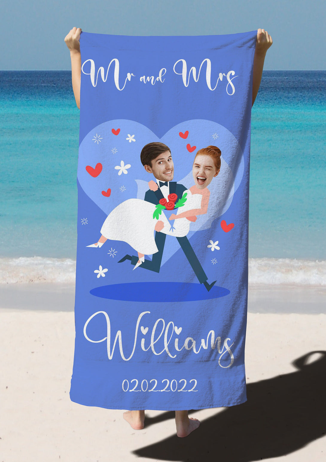 Mr and Mrs Personalized Beach Towel from Photo, Funny Honeymoon Anniversary Gifts T70 - Custamazegifts.com 