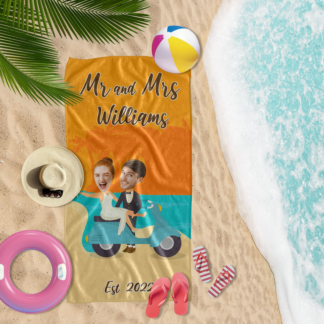 Mr and Mrs Personalized Beach Towel from Photo, Funny Honeymoon Anniversary Gifts T70 - Custamazegifts.com 