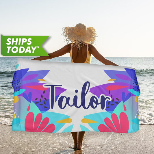 Bright Tropical Print Personalized Beach Towel, Custom Birthday Gift for Girls Women T68 - Custamazegifts.com 