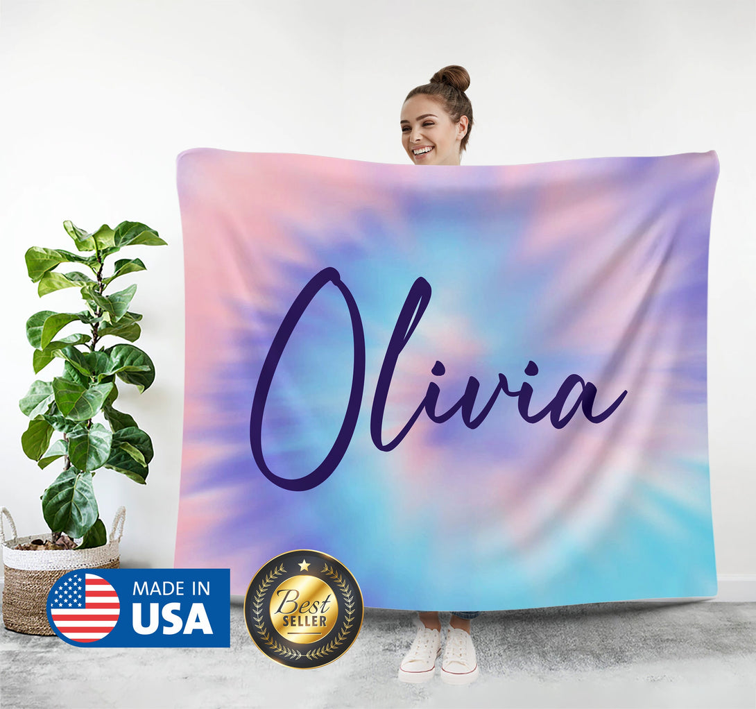 Tie Dye Monogrammed Blanket, Custom Name Blanket - Custamazegifts.com 