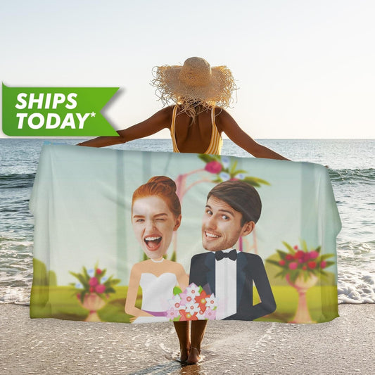 Mr and Mrs Personalized Beach Towel from Photo, Funny Honeymoon Anniversary Gifts T70 - Custamazegifts.com 