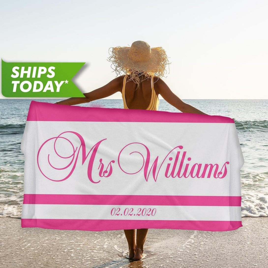 Mr and Mrs Custom Beach Towels for Couples, Newlywed Honeymoon Gifts T73 - Custamazegifts.com 