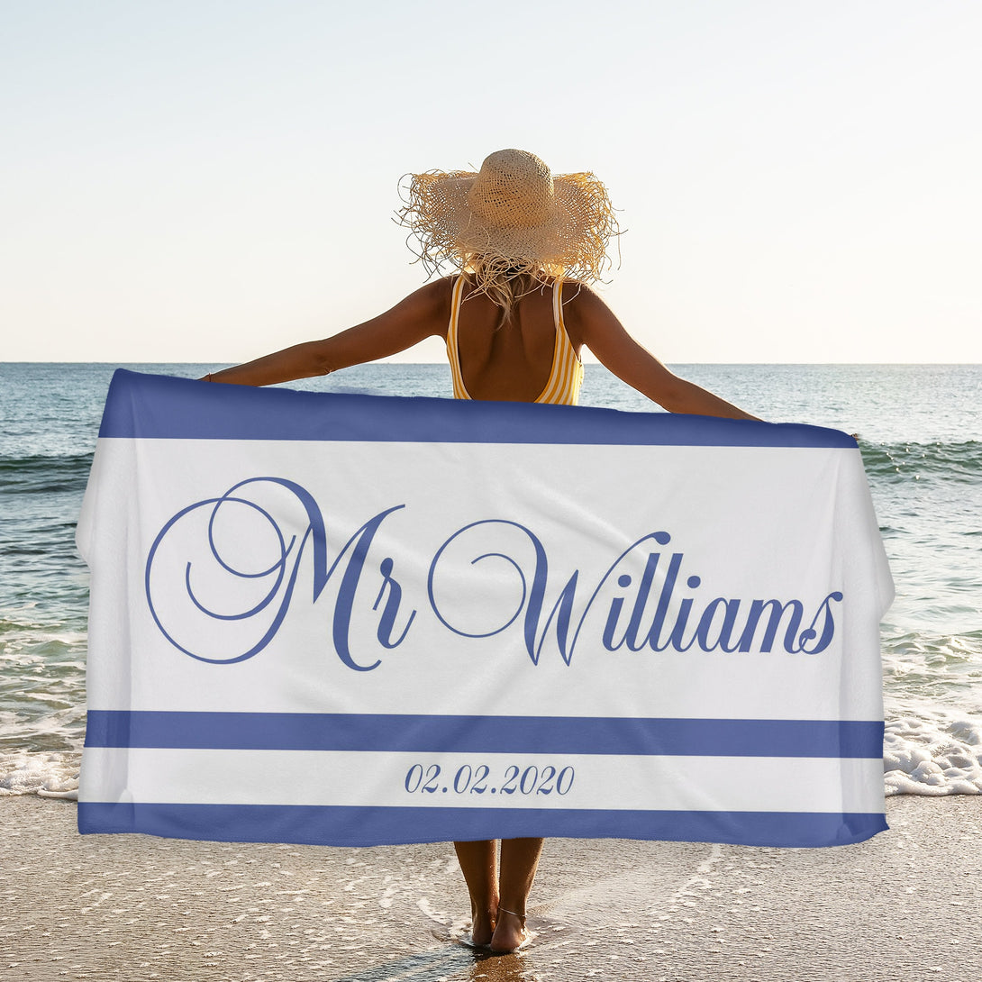 Mr and Mrs Custom Beach Towels for Couples, Newlywed Honeymoon Gifts T73 - Custamazegifts.com 