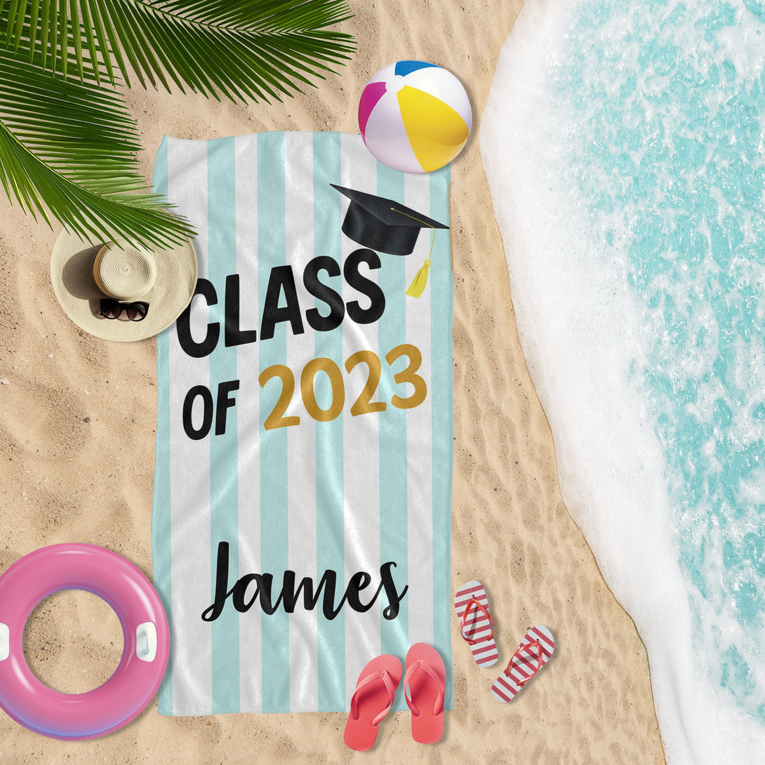 Class of 2025 Striped Graduation Beach Towels, High School Custom Gifts T51 - Custamazegifts.com 