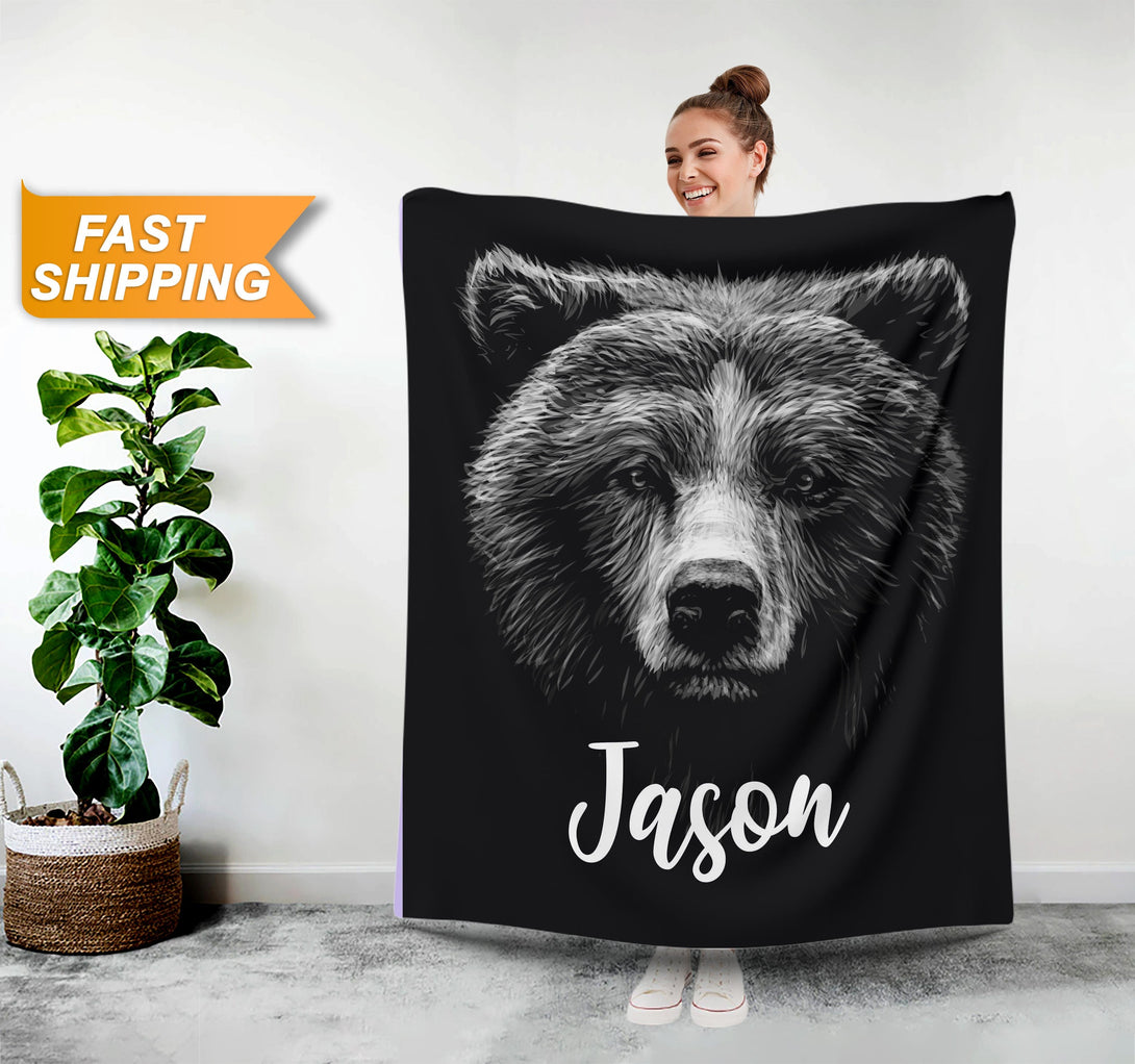 Customized Gifts for Men, Bear Monogrammed Blanket - Custamazegifts.com 