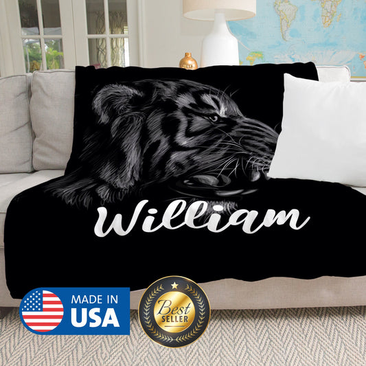 Tiger Custom Blanket for Men, Black Personalized Blanket with Animal Print - Custamazegifts.com 