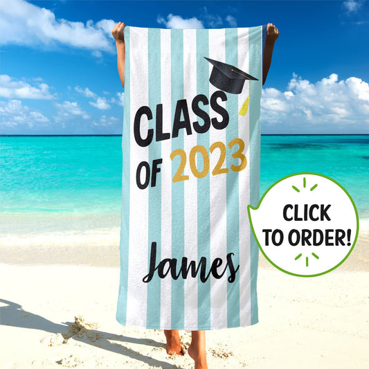 Class of 2025 Striped Graduation Beach Towels, High School Custom Gifts T51 - Custamazegifts.com 