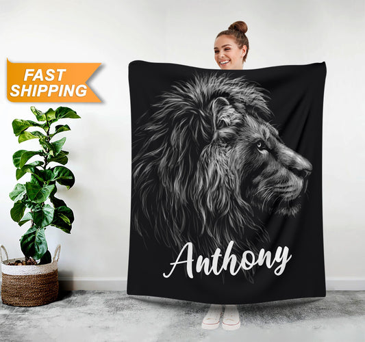 Personalized Blanket for Him with Animal Print, Lion Name Blanket - Custamazegifts.com 