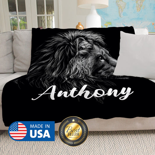 Personalized Blanket for Him with Animal Print, Lion Name Blanket - Custamazegifts.com 