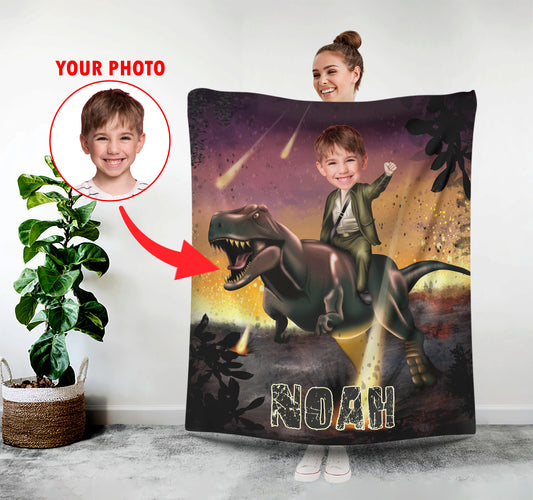 Boy Riding a T-Rex Photo Face Blanket - Custamazegifts.com 