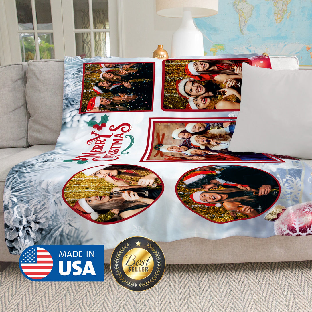 Merry Christmas Photo Blanket, Add Your Photos Personalized Blanket - Custamazegifts.com 