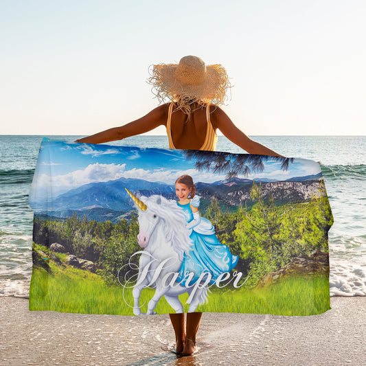 Princess Riding Unicorn Kids Personalized Beach Towel for Girls, Custom Photo Gifts T81 - Custamazegifts.com 