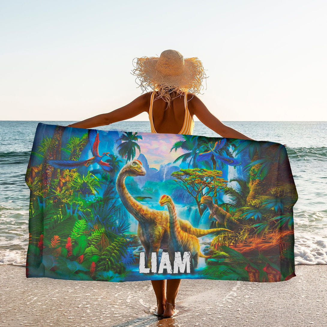 Kids Jurassic Beach Towel, Custom Dinosaur Name Beach Towels for Boys T82 - Custamazegifts.com 