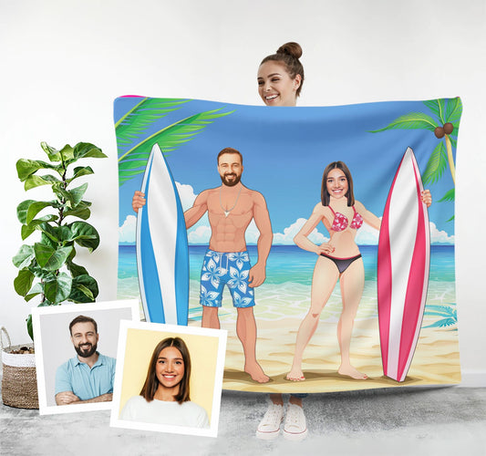 Surfer Face Blanket for Couples, Personalized Photo Blankets - Custamazegifts.com 