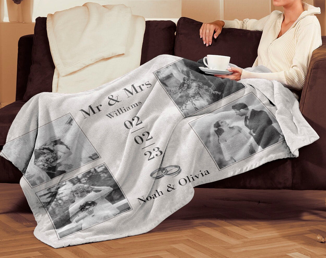 Mr and Mrs Photo Blanket, Custom Wedding Blanket for Him Her - Custamazegifts.com 