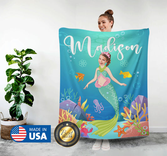 Mermaid Face Kids Photo Blanket Gift for Her - Custamazegifts.com 