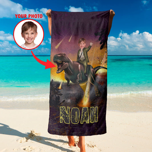 T Rex Kids Custom Photo Beach Towel, Dinosaur Fan Gifts for Boys T78 - Custamazegifts.com 