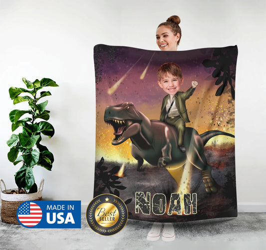 Boy Riding a T-Rex Photo Face Blanket - Custamazegifts.com 