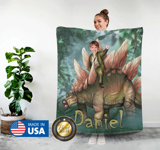 Stegosaurus Kids Face Blanket, Customize Dino Gifts for Him - Custamazegifts.com 