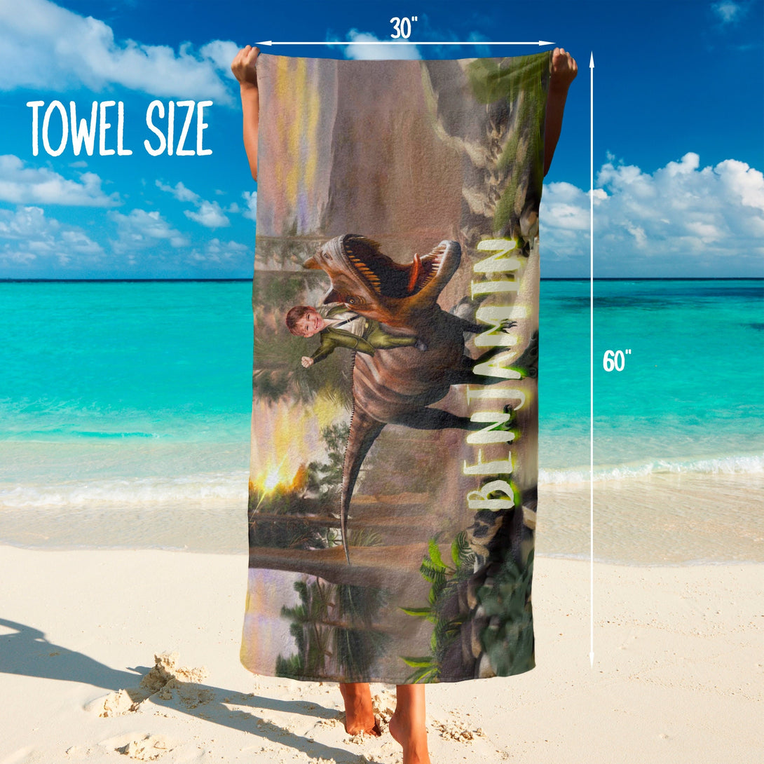 Custom Dinosaur Photo Beach Towel for Kids, Dino Boys Birthday Gifts T88 - Custamazegifts.com 