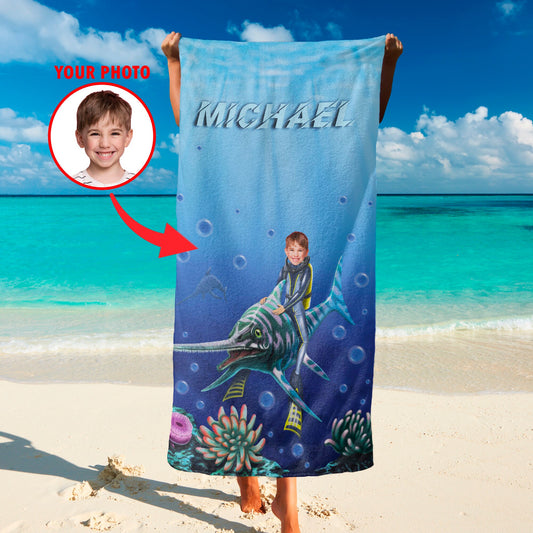 Water Dinosaur Personalized Photo Beach Towel for Kids Birthday Gift T89 - Custamazegifts.com 