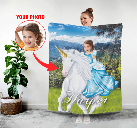 Princess Riding a Unicorn Custom Blanket, Girls Photo Birthday Gift - Custamazegifts.com 