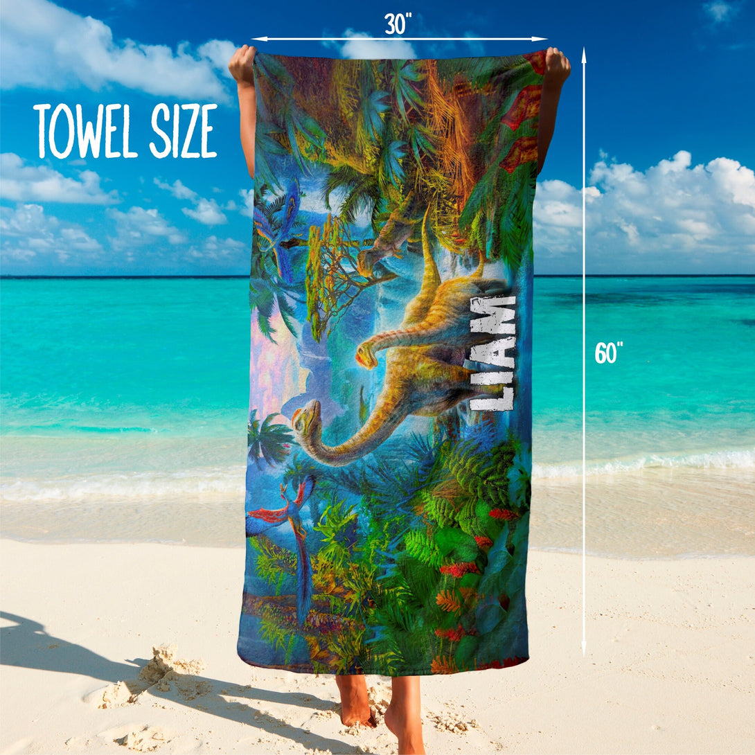 Kids Jurassic Beach Towel, Custom Dinosaur Name Beach Towels for Boys T82 - Custamazegifts.com 