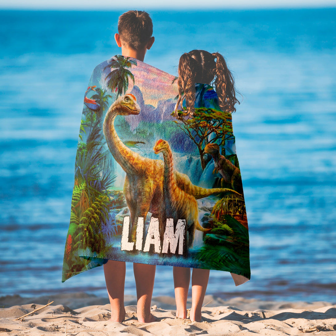 Kids Jurassic Beach Towel, Custom Dinosaur Name Beach Towels for Boys T82 - Custamazegifts.com 