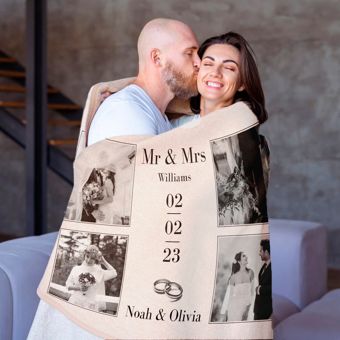 Mr and Mrs Photo Blanket, Custom Wedding Blanket for Him Her - Custamazegifts.com 