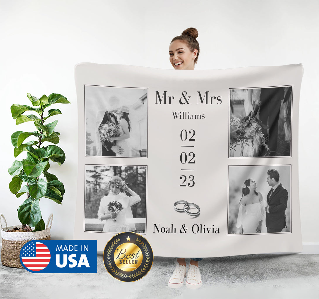 Mr and Mrs Photo Blanket, Custom Wedding Blanket for Him Her - Custamazegifts.com 