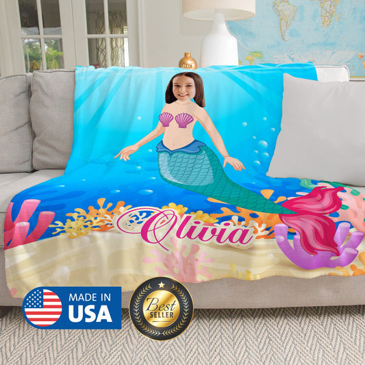 Mermaid Kids Personalized Photo Blanket Birthday Gift - Custamazegifts.com 