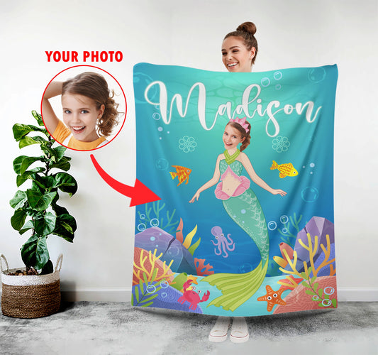 Mermaid Face Kids Photo Blanket Gift for Her - Custamazegifts.com 