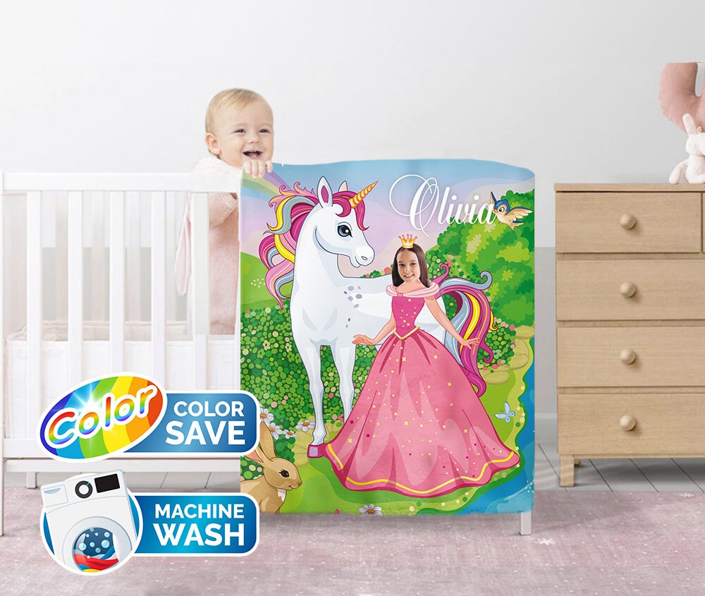 Princess and a Unicorn Personalized Girls Photo Blanket - Custamazegifts.com 