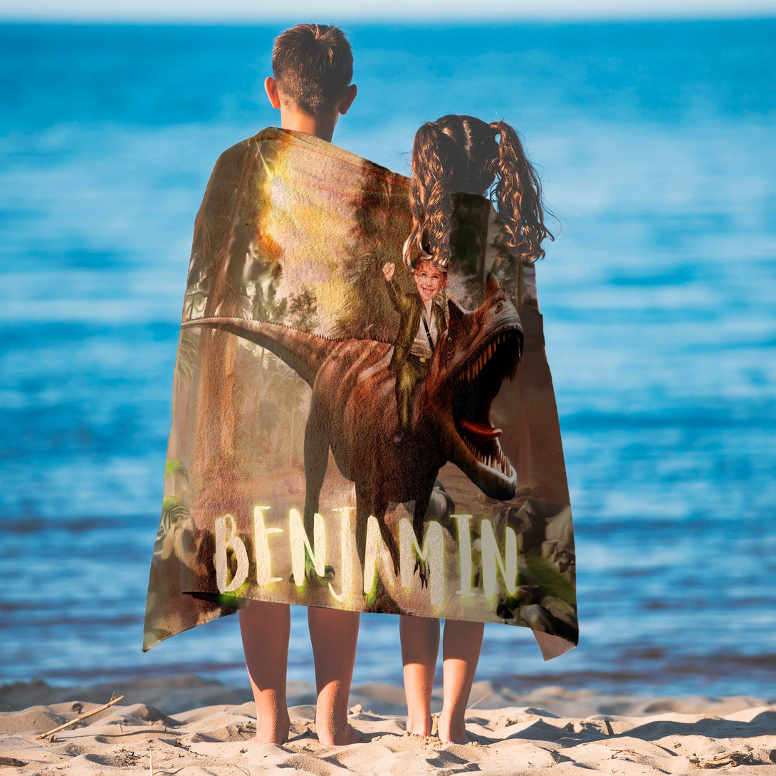 Custom Dinosaur Photo Beach Towel for Kids, Dino Boys Birthday Gifts T88 - Custamazegifts.com 