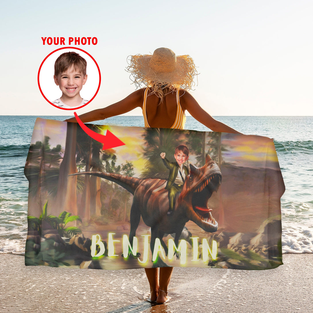 Custom Dinosaur Photo Beach Towel for Kids, Dino Boys Birthday Gifts T88 - Custamazegifts.com 