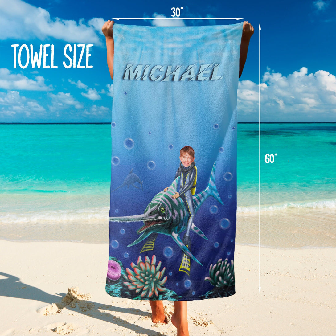 Water Dinosaur Personalized Photo Beach Towel for Kids Birthday Gift T89 - Custamazegifts.com 