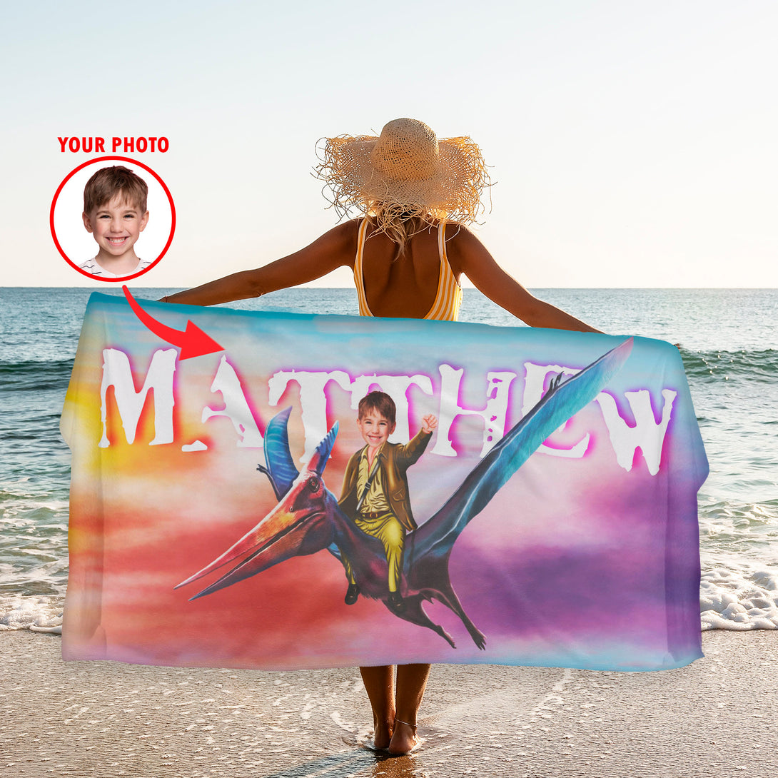 Pterodactyl Custom Beach Towel, Kids Photo Towels with Flying Dinosaur T91 - Custamazegifts.com 