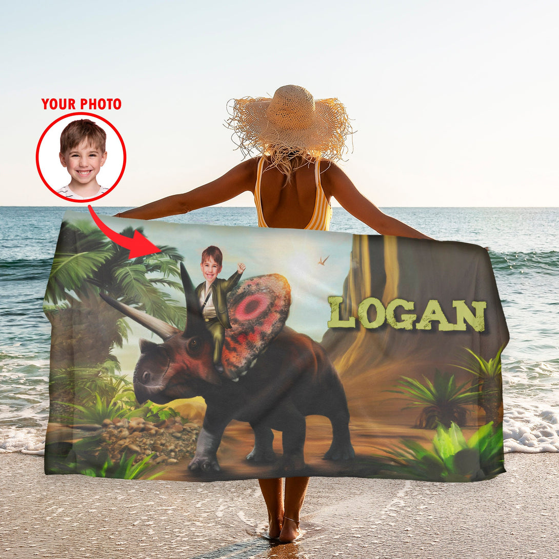 Triceratops Dinosaur Kids Beach Towels from Photo, Dino Fan Gifts for Boys T90 - Custamazegifts.com 