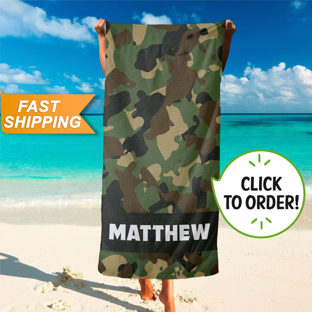 Custom Beach Camouflage Print Towel, Personalized Beach Towel with Your Name - Custamazegifts.com 