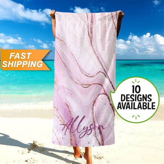 Marble Print Custom Beach Towel with Name, Bachelorette Party Favors T37 - Custamazegifts.com 