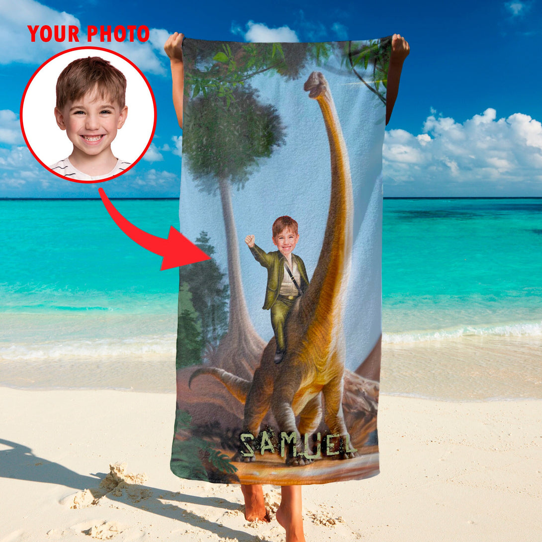 Dinosaur Photo Towel for Beach Pool, Custom Boys Gifts from Photos T94 - Custamazegifts.com 