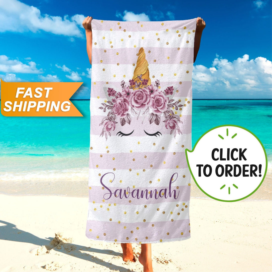 Custom Beach Towels, Personalized Beach Towel with Your Name with Unicorn - Custamazegifts.com 