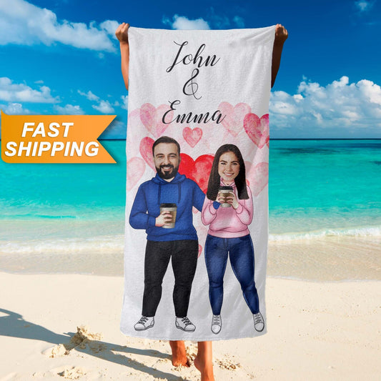 Personalized Couple Photo Beach Towel, Valentines Day Gift for Him Her T104 - Custamazegifts.com 