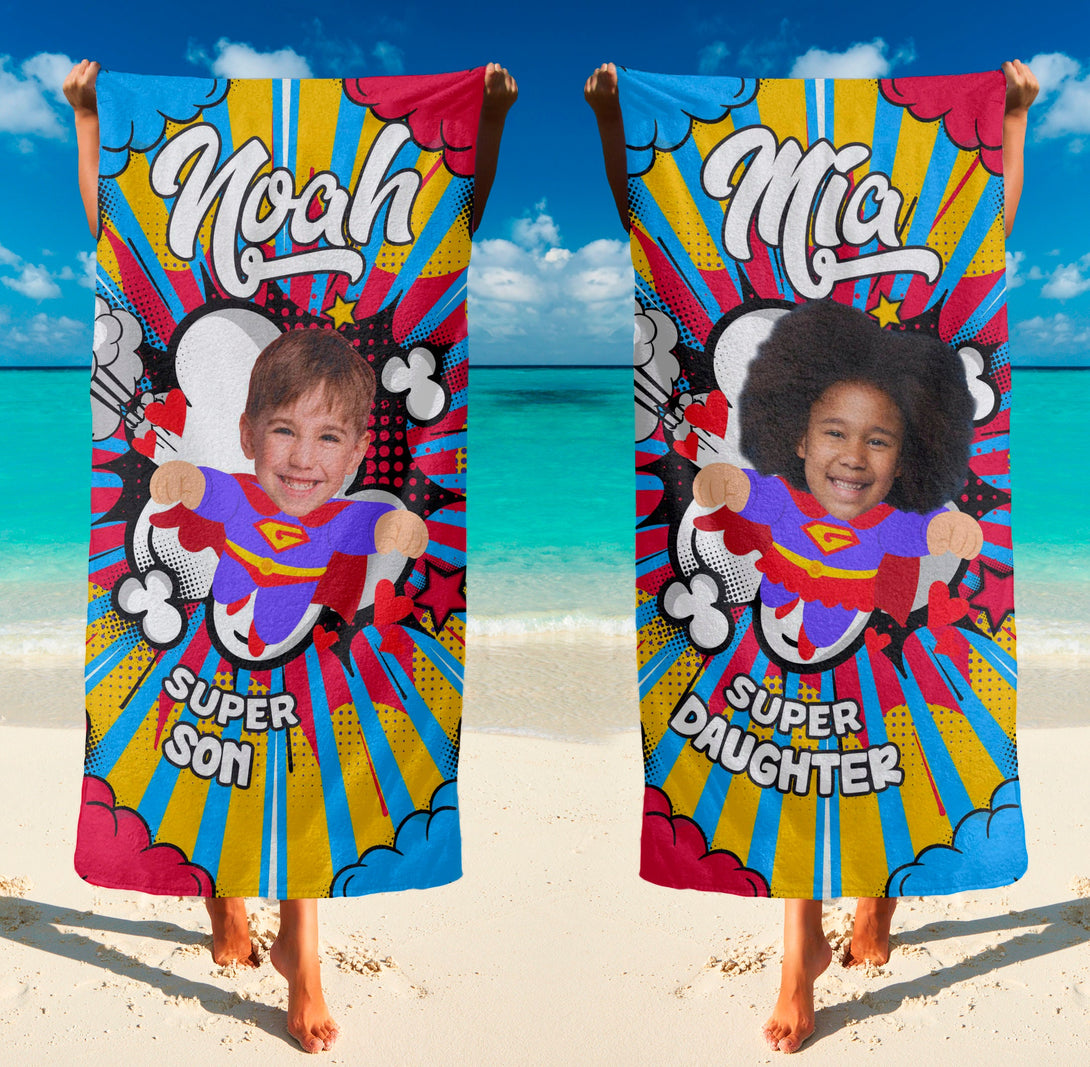 Superhero Custom Beach Towel with Your Face, Fun Birthday Gifts T108 - Custamazegifts.com 