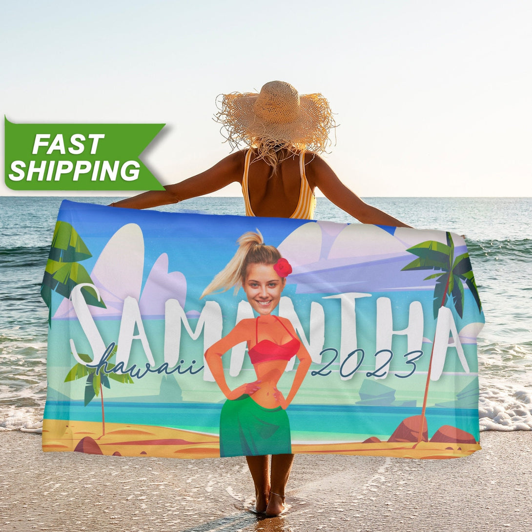 Hawaii Vacation Photo Beach Towel, Custom Face Personalized Gift for Her T110 - Custamazegifts.com 